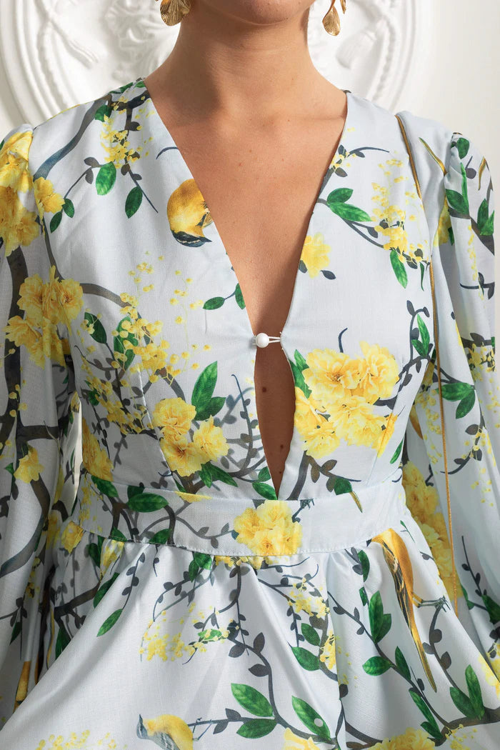 Floral Romantic Mini Dress With Voluminous Sleeves And Peplum Detail-sky blue