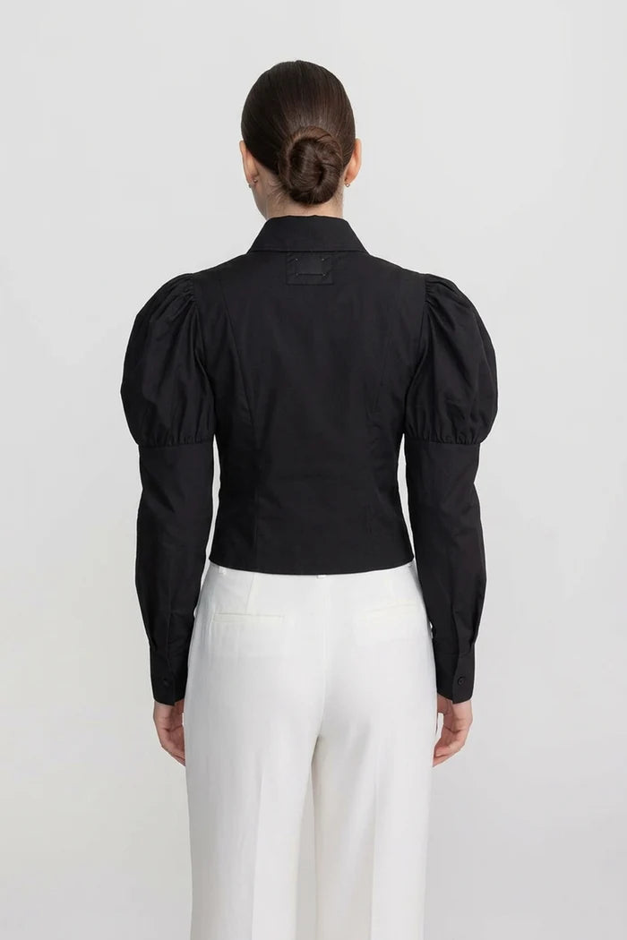 Long Sleeve Shirt With Corset Lace-Up Detail - Black