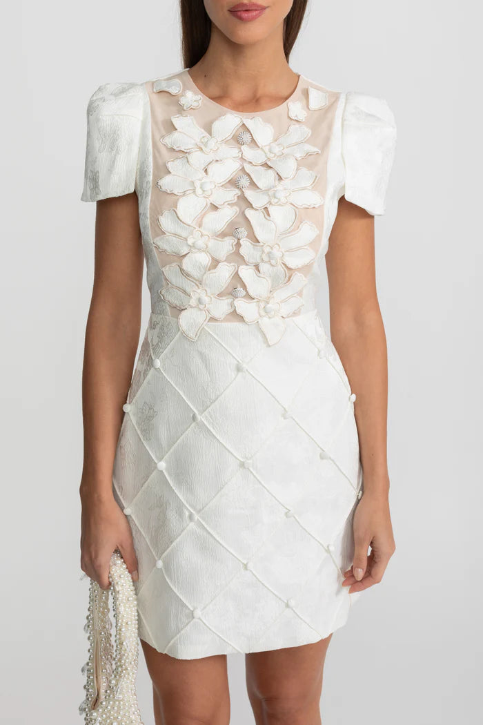 3D Floral Appliqué Mini Dress With Quilted Skirt – White