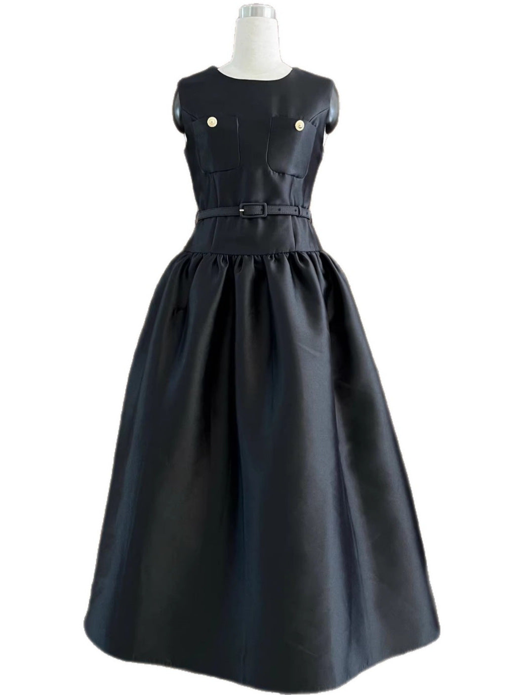 crew neck button pocket waist slimming dress