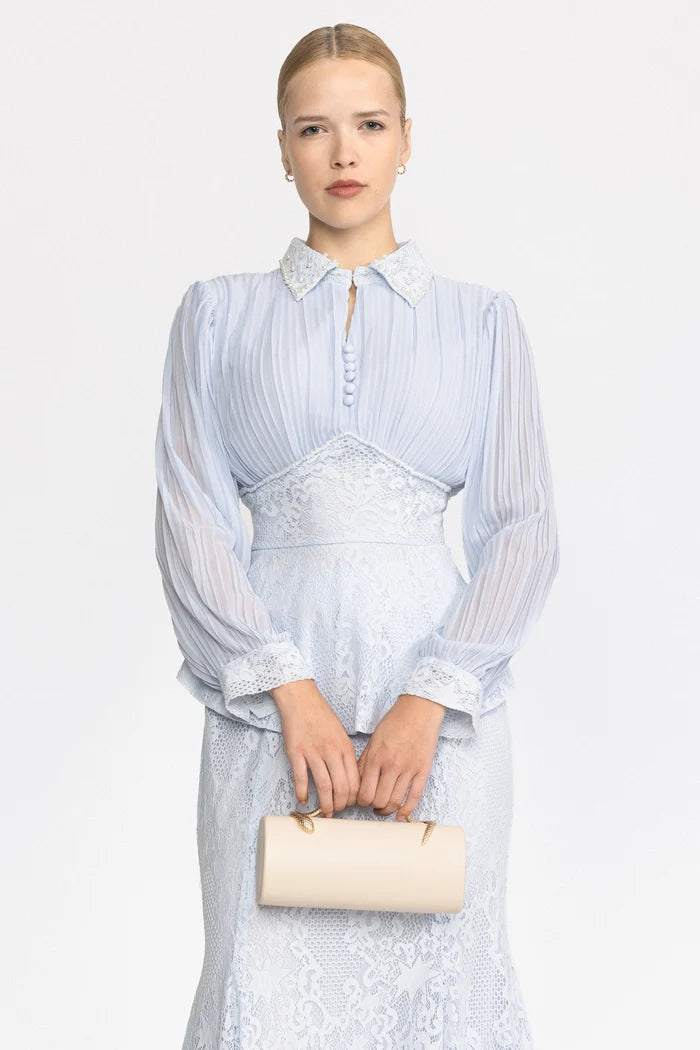 Pleated Chiffon Lace Peplum Blouse and Maxi Skirt Set - Light Blue