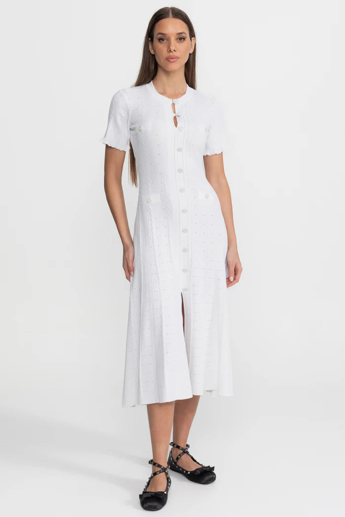 Knit bae Button-Front Midi Dress with Scalloped Sleeves – White