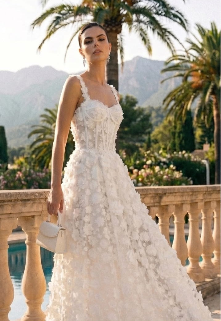 Floral Appliqué Maxi Dress with Built-in Corset - White