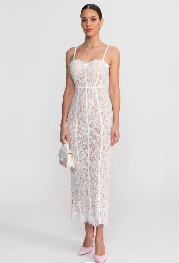 Lace Midi Dress With Sheer Corset Bodice - White