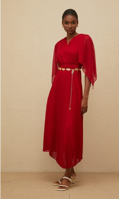 Émilie Red Pleated Maxi Dress with Cape Detail