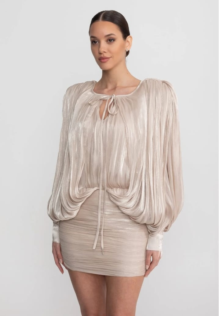 Draped Long Sleeve Mini Dress With Batwing Sleeves - Champagne