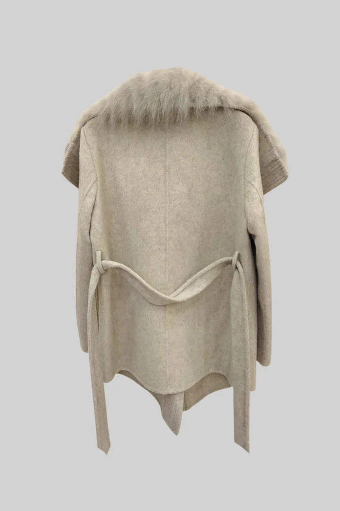 Wool Coat with Oversized Fur Collar And Belt - Beige