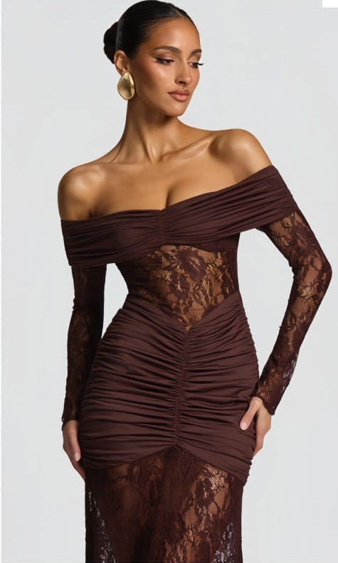 Brigitte Brown Lace Panel Ruched Maxi Dress