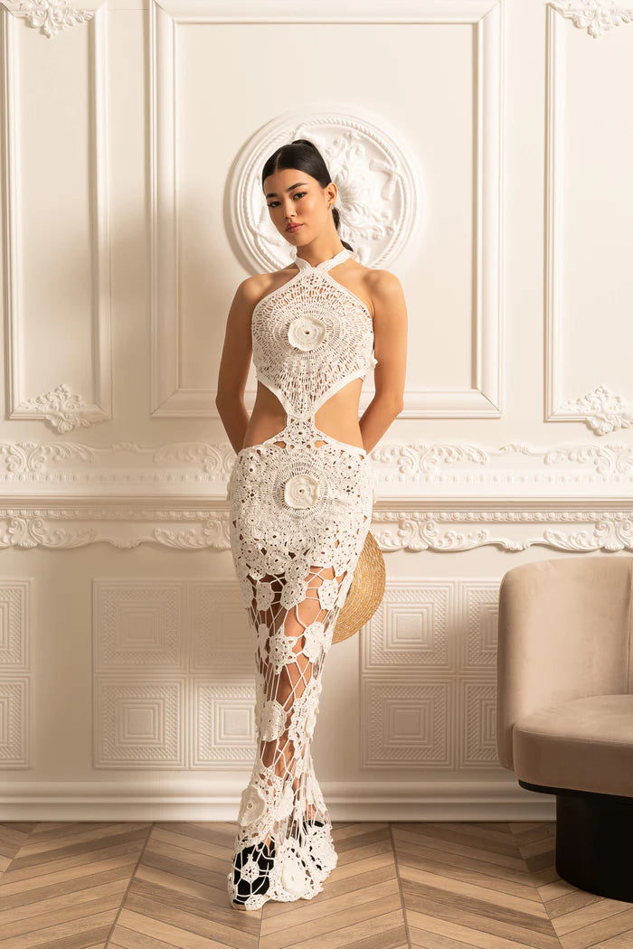 Elegant Crocheted Dress With Floral Patterns And Side Cutouts - White