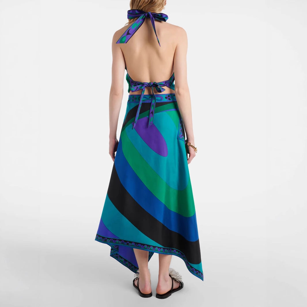 Printed satin hanging neck backless top irregular skirt two-piece suit