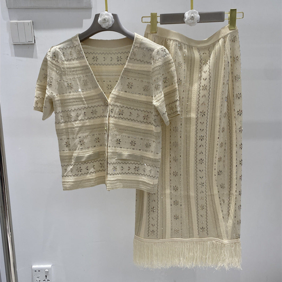 V-Neck Cardigan + Long Tassel  Two-Piece Set