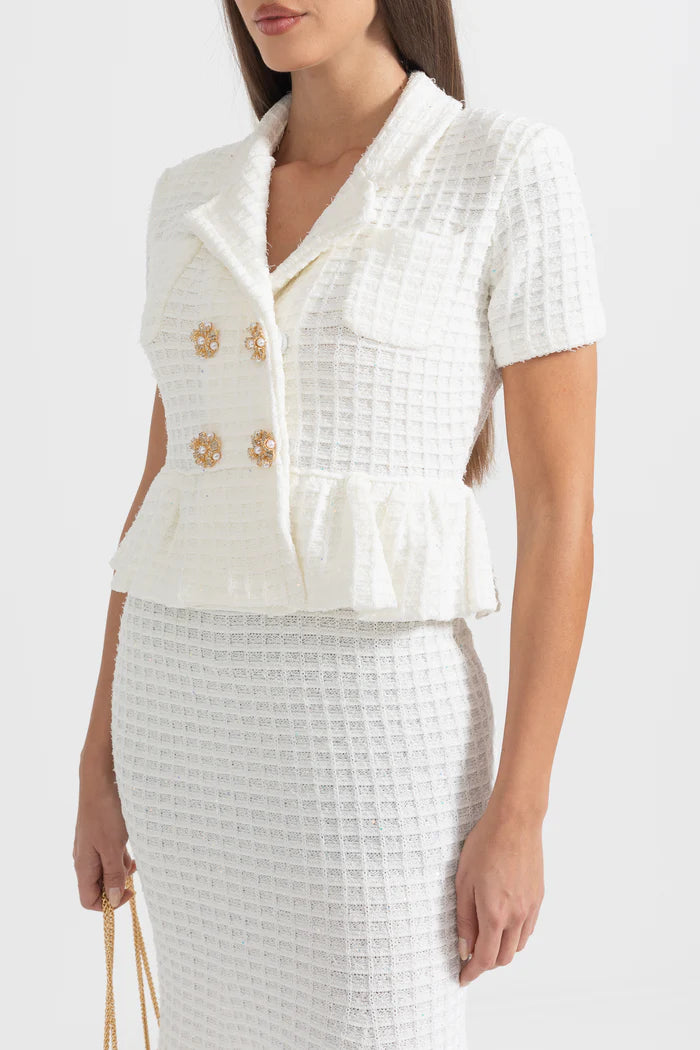 Knitted Midi Dress With Gold Buttons And Peplum Waist - White