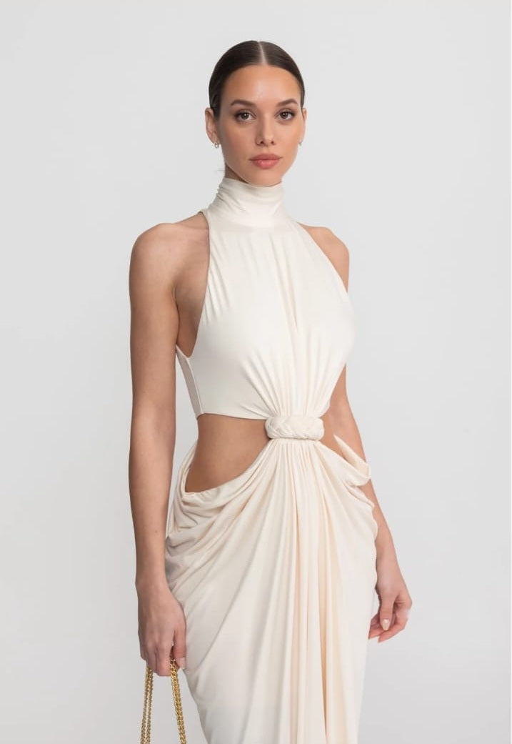 Long dress with high collar and halter neck with a cut-out tied at the waist - Ivory