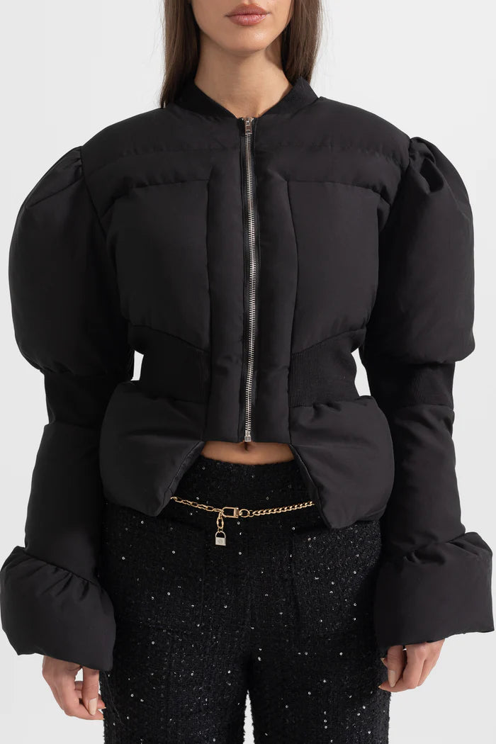 Cropped Puffer Jacket With Fitted Waistline - Black