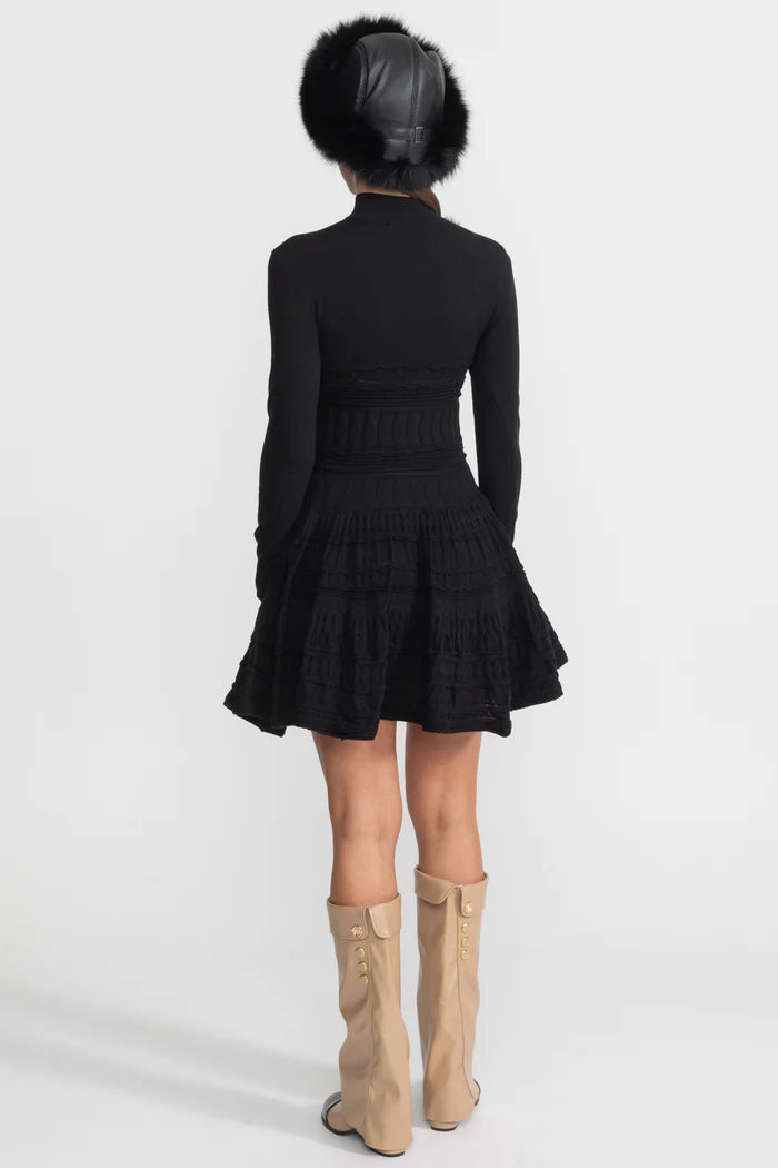 Textured Knit Mini Dress with Flared Skirt - Black