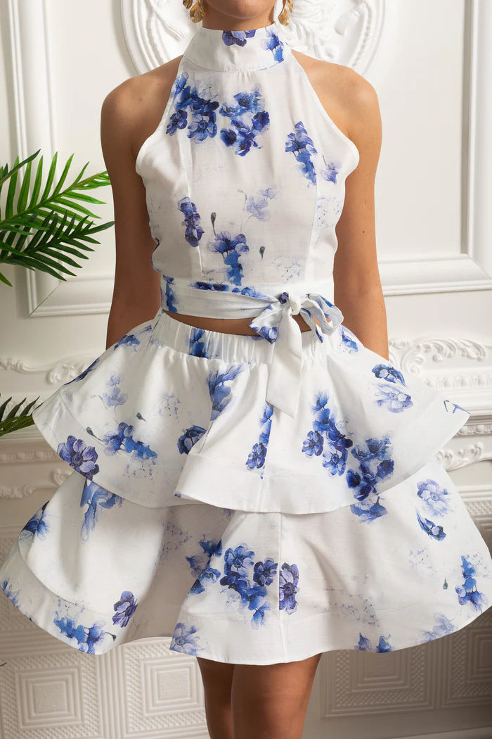 Floral Halter Crop Top and Layered Ruffle Mini Skirt Set - White/Blue