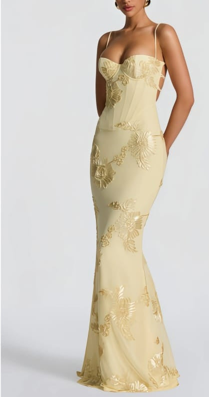 Théoline Yellow Floral Jacquard Corset Maxi Dress