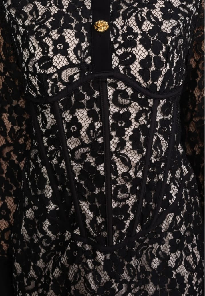 Long Sleeved Lace Mini Dress With Scallop Hem - Black