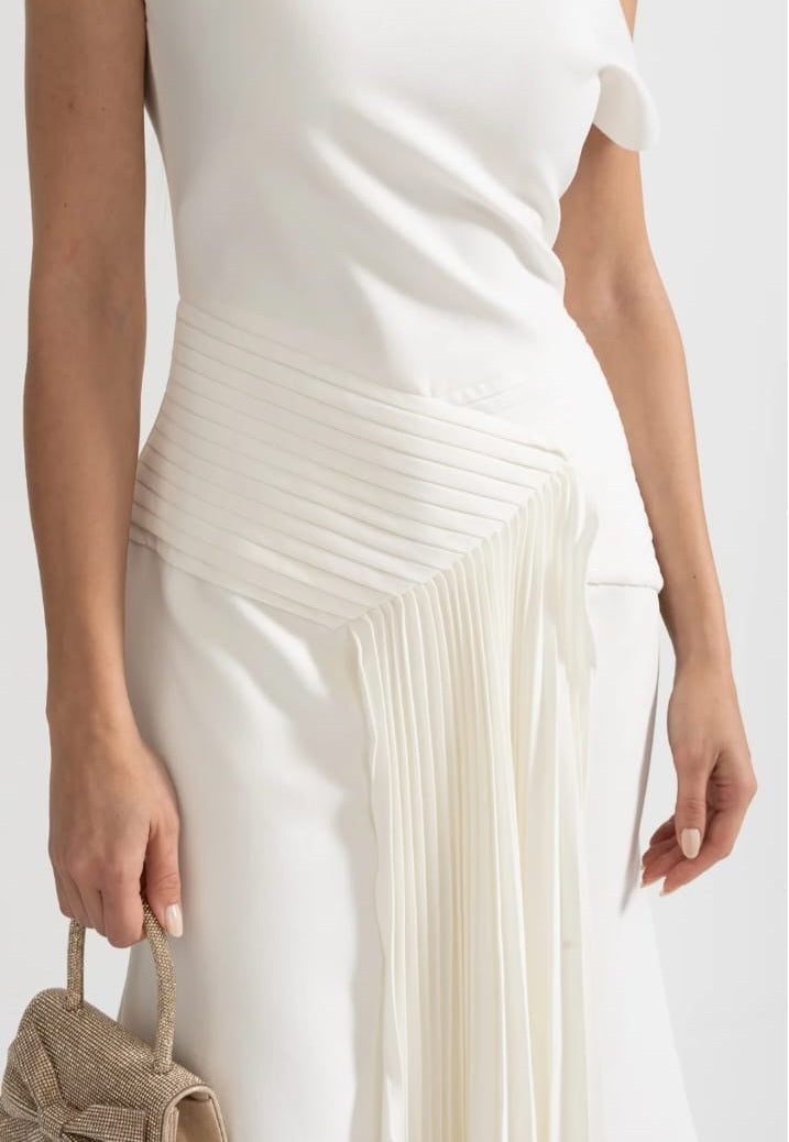 Off-Shoulder Midi Dress With Pleated Waist Detailing - White