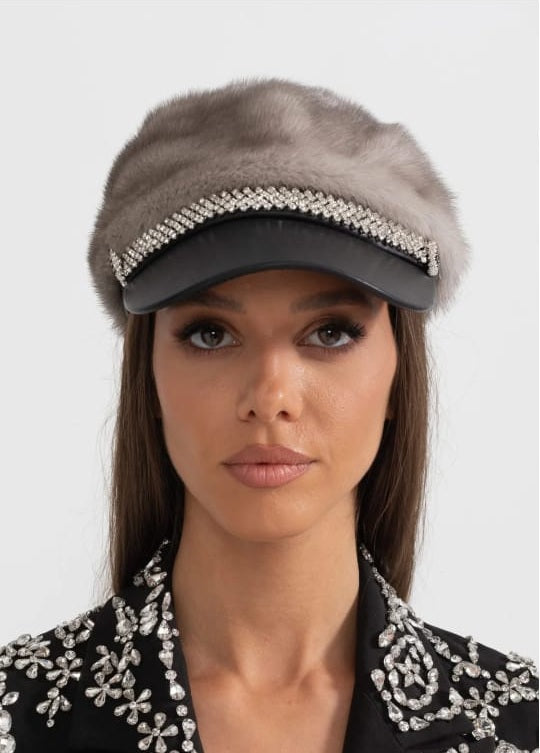 Mink Fur Hat With Leather Visor - Gray