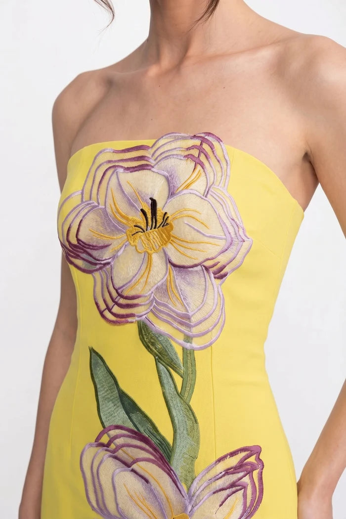 Strapless Floral-Print Midi Dress With Column Silhouette - Yellow