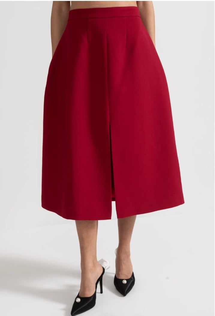Off-Shoulder Set With Pleated Detail Top And Midi Skirt With Front Slit Accent - Red