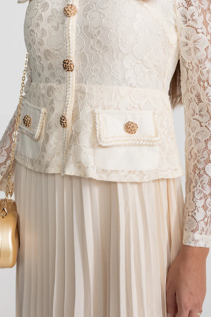 Lace and Pleated Midi Dress with Gold Button Detailing - Ivoire