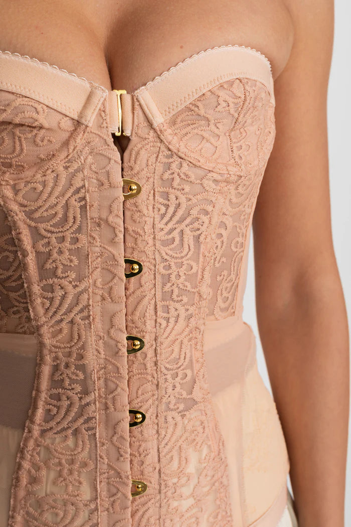 Strapless Lace Corset Top with Boning and Front Closure - Nude