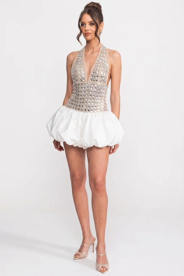 Crystal-Embellished Halter Mini Dress With Bubble Skirt - White