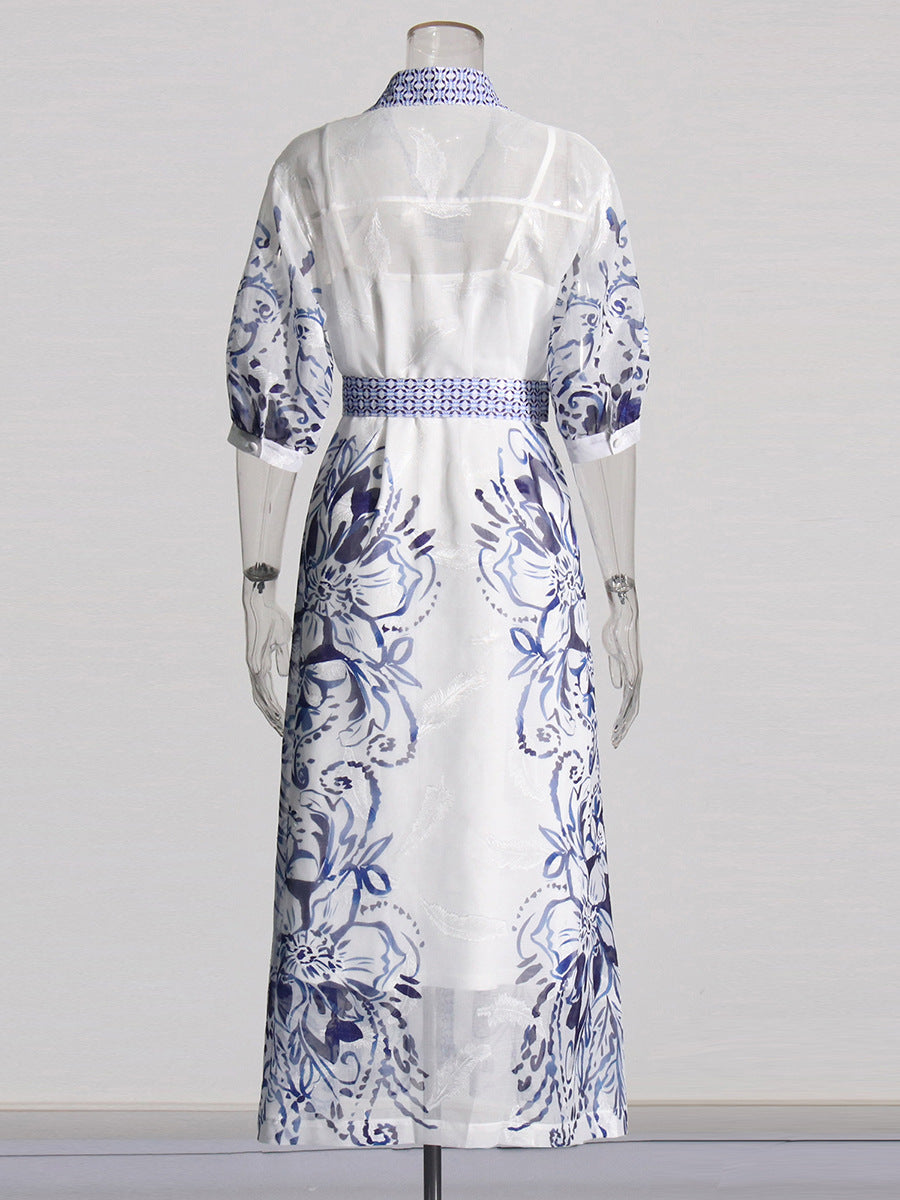 Printed lapel tie waist shirt dress