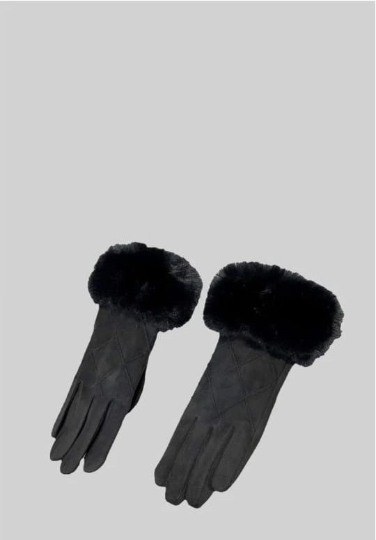 Suede Quilted Gloves With Fur - Black