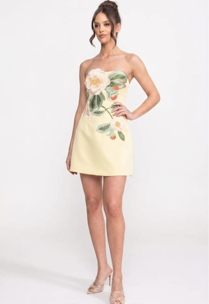 Strapless Mini Dress With 3D Camellia Floral Appliqué - Yellow