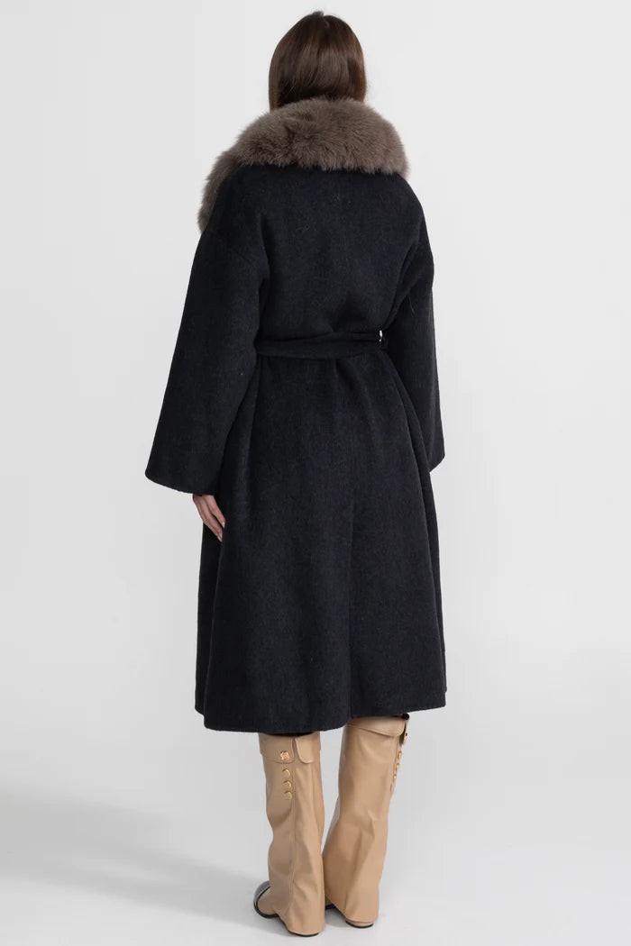 Wool Wrap Coat with Fox Fur Collar And Tie Belt – Black/Brown