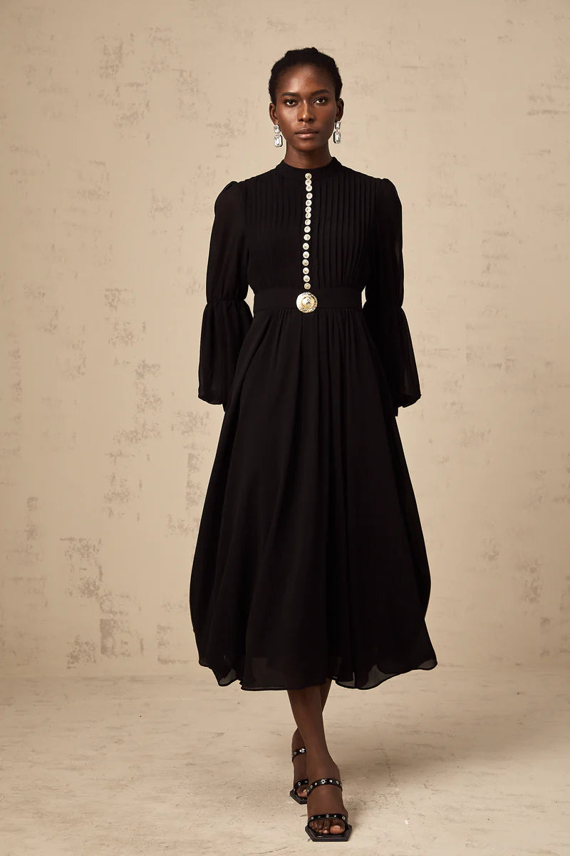 Viviane black pleated button-front midi dress