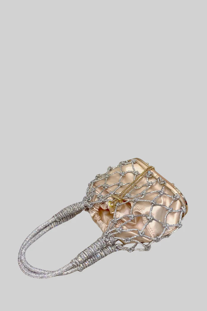 Ovale Netzhandtasche mit beige Satin -Kordelkordelbeutel - Silber