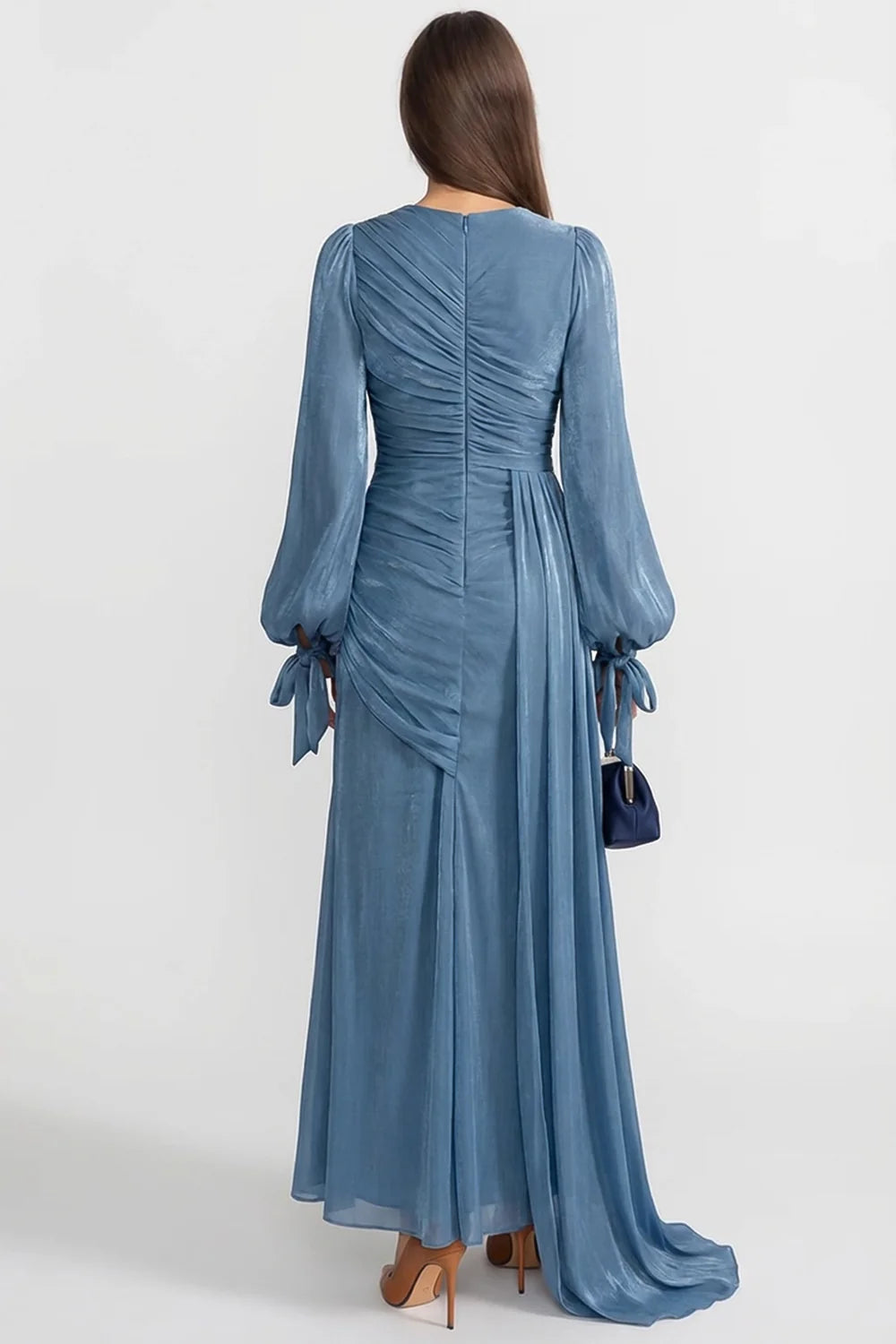 Draped Long-Sleeve Maxi Dress with Gathered Waist – Light Blue