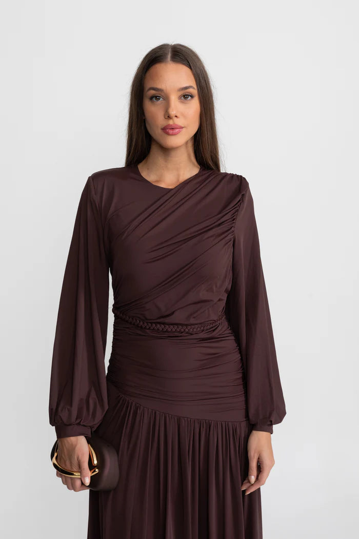 Draped Maxi Dress with Braided Waist Detail - Brown
