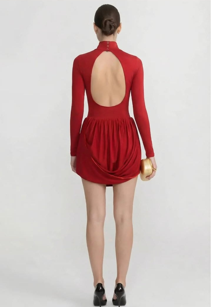 Long Sleeve Mini Dress With Draped Bubble Skirt - Red