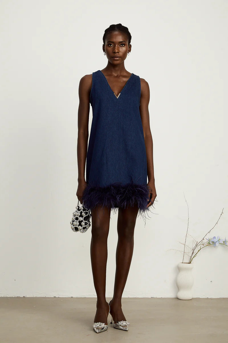 Selene bleu sans manches en plume-trim mini robe