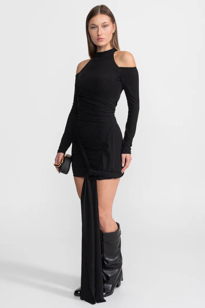 Cold-Shoulder Draped Mini Dress – Black