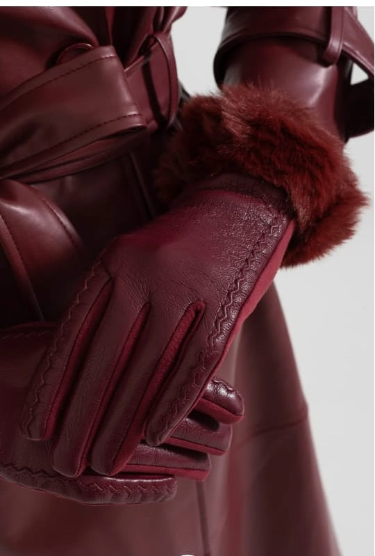 Vegan Leather Gloves With Fur Cuffs - Burgundy