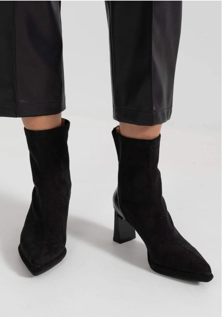 Glossy Heel Suede Ankle Boot - Black