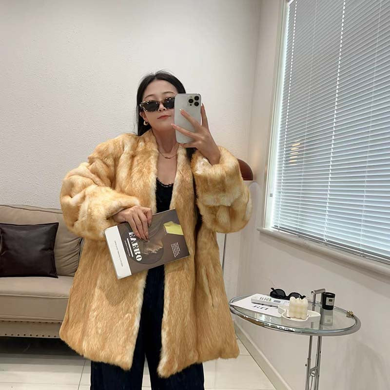 V-neck roll-up sleeve rabbit  mid-length fur coat