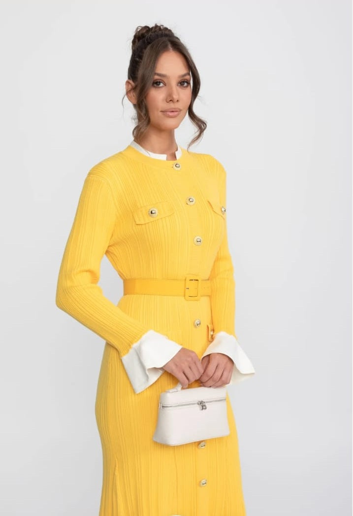 Ribbed Knit Belted Midi Dress With White Cuffs And Collar - Yellow