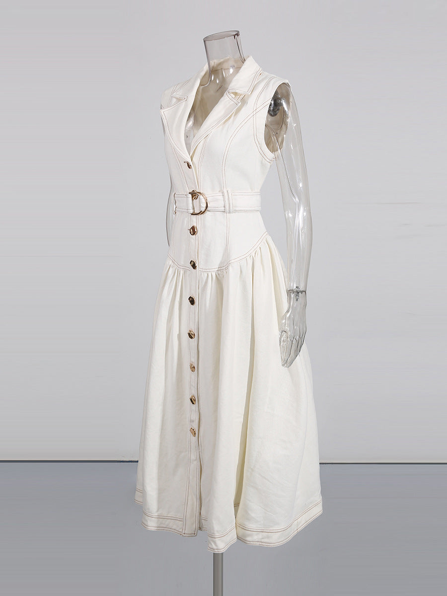 High-end lace-up solid color sleeveless long skirt