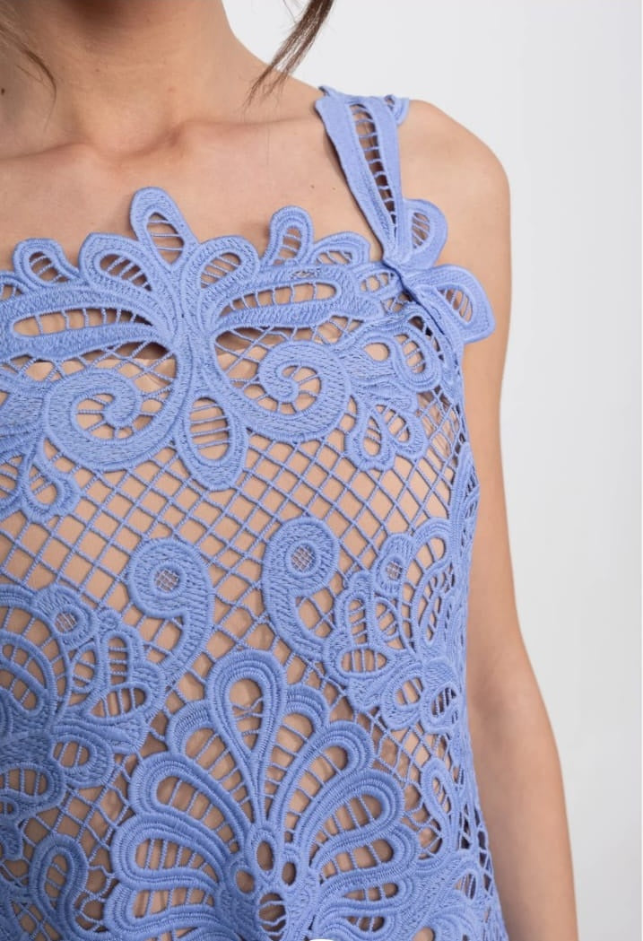 Guipure Lace Sleeveless Mini Dress With Scallop Hem - Light Blue
