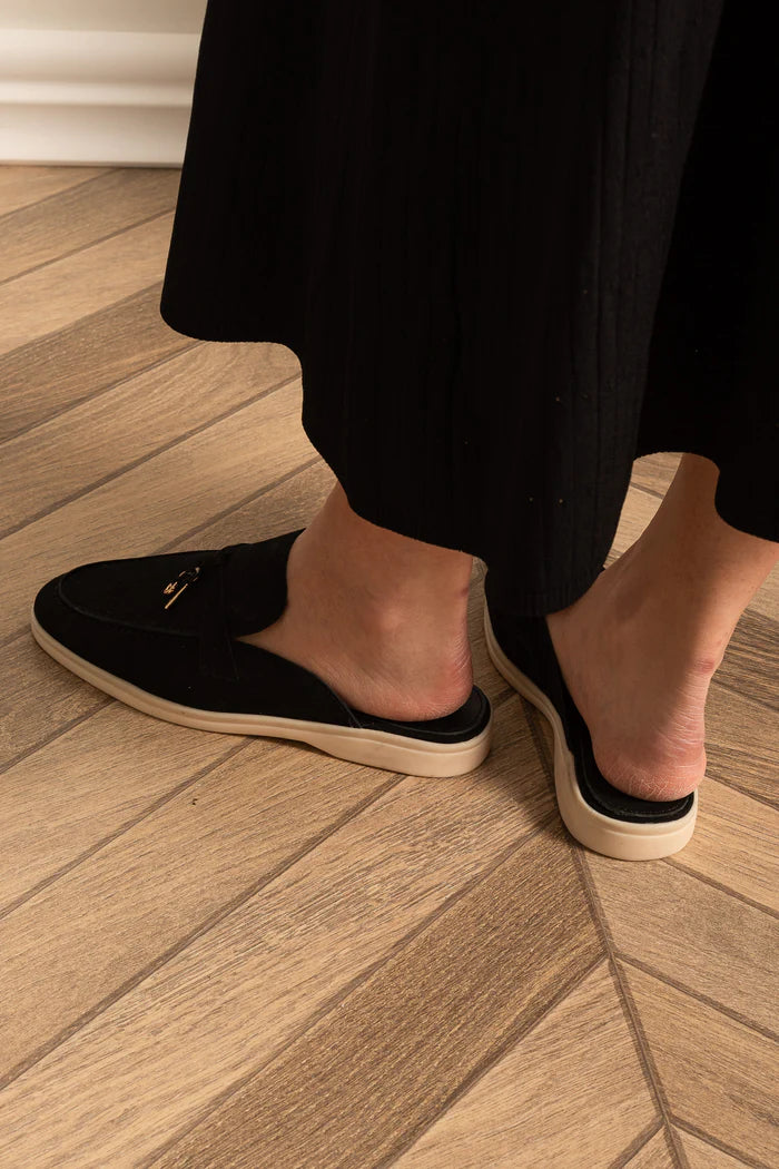 Suede Loafers With Contrasting Sole And Metal Charms - Black