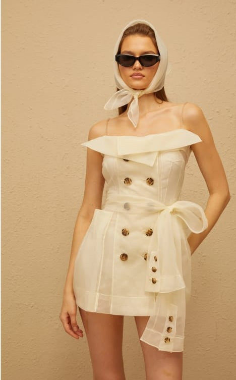 Out of stock Polliana White Double Breasted Organza Mini Dress-white