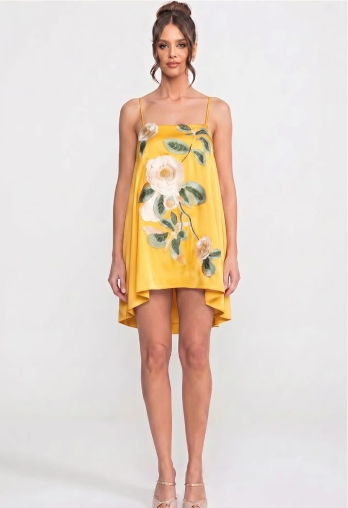 Spaghetti-Strap Mini Dress With 3D Floral Appliqué And A-Line Skirt - Yellow