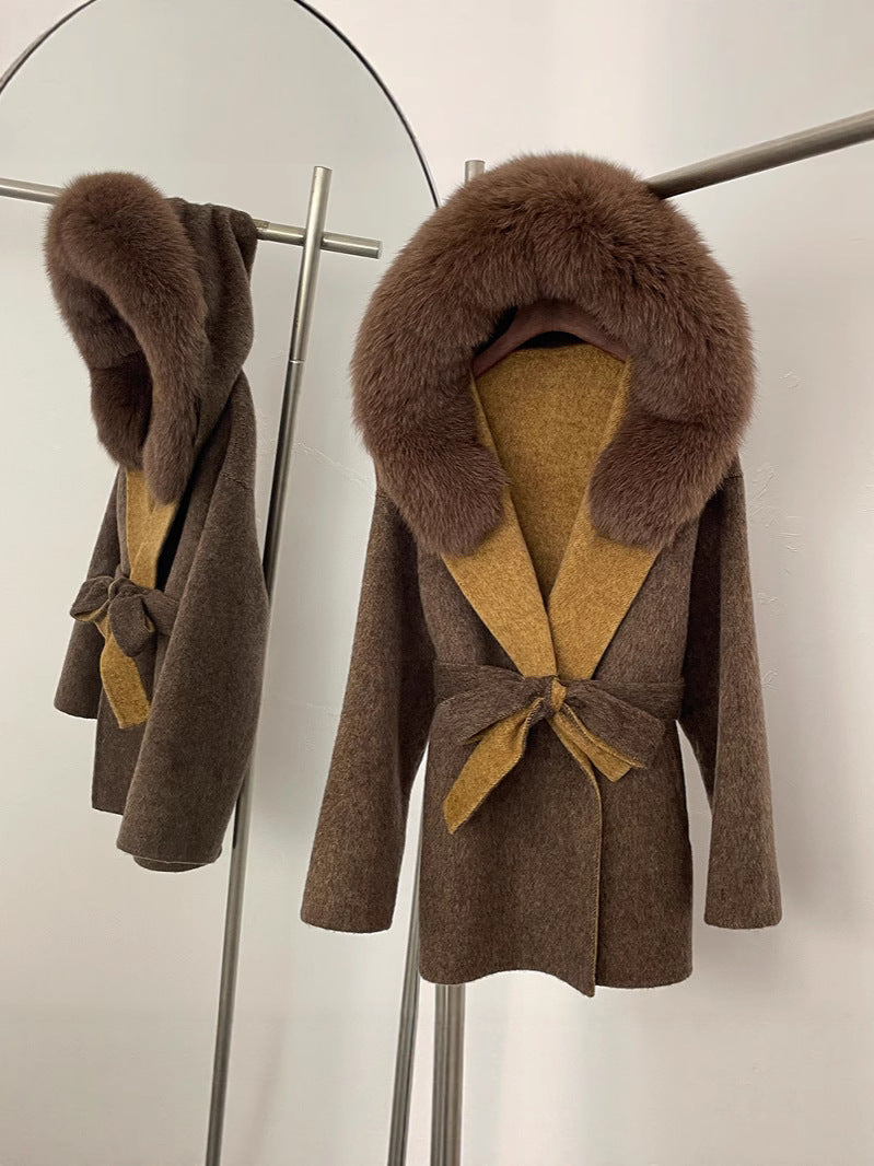 Two-color fur woolen coat